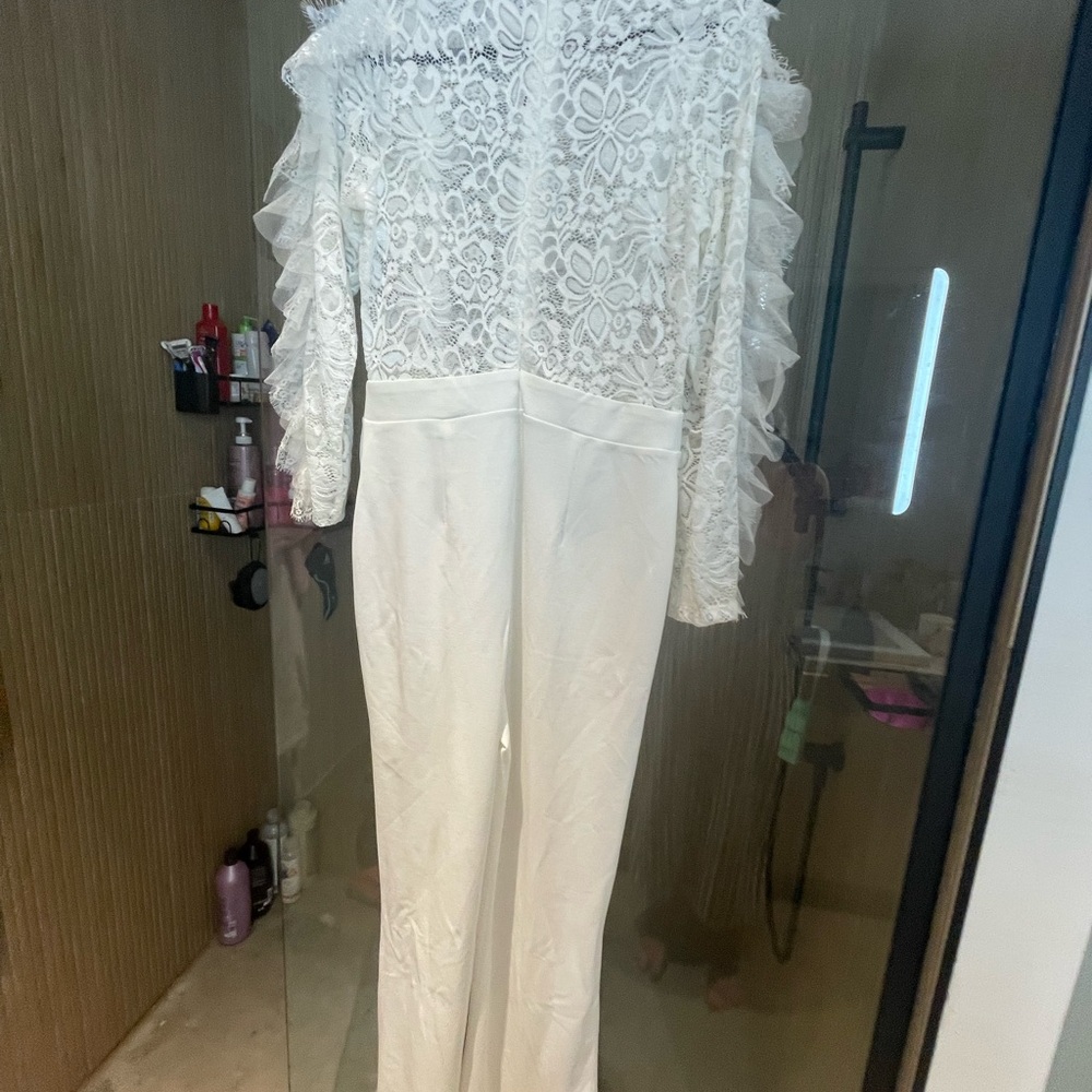 Fashion Nova White Lace Jumpsuit with Ruffle Sleeves